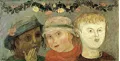 Trois fillettes sous une guirlande de fleurs